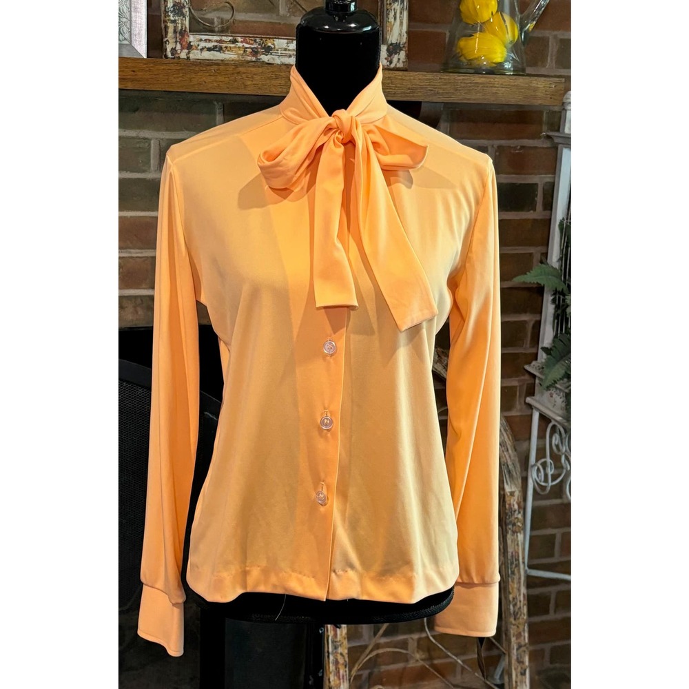 VTG 70s Melon Orange Button Up Long Sleeve‎ Bow Tie Secretary Shirt NWT